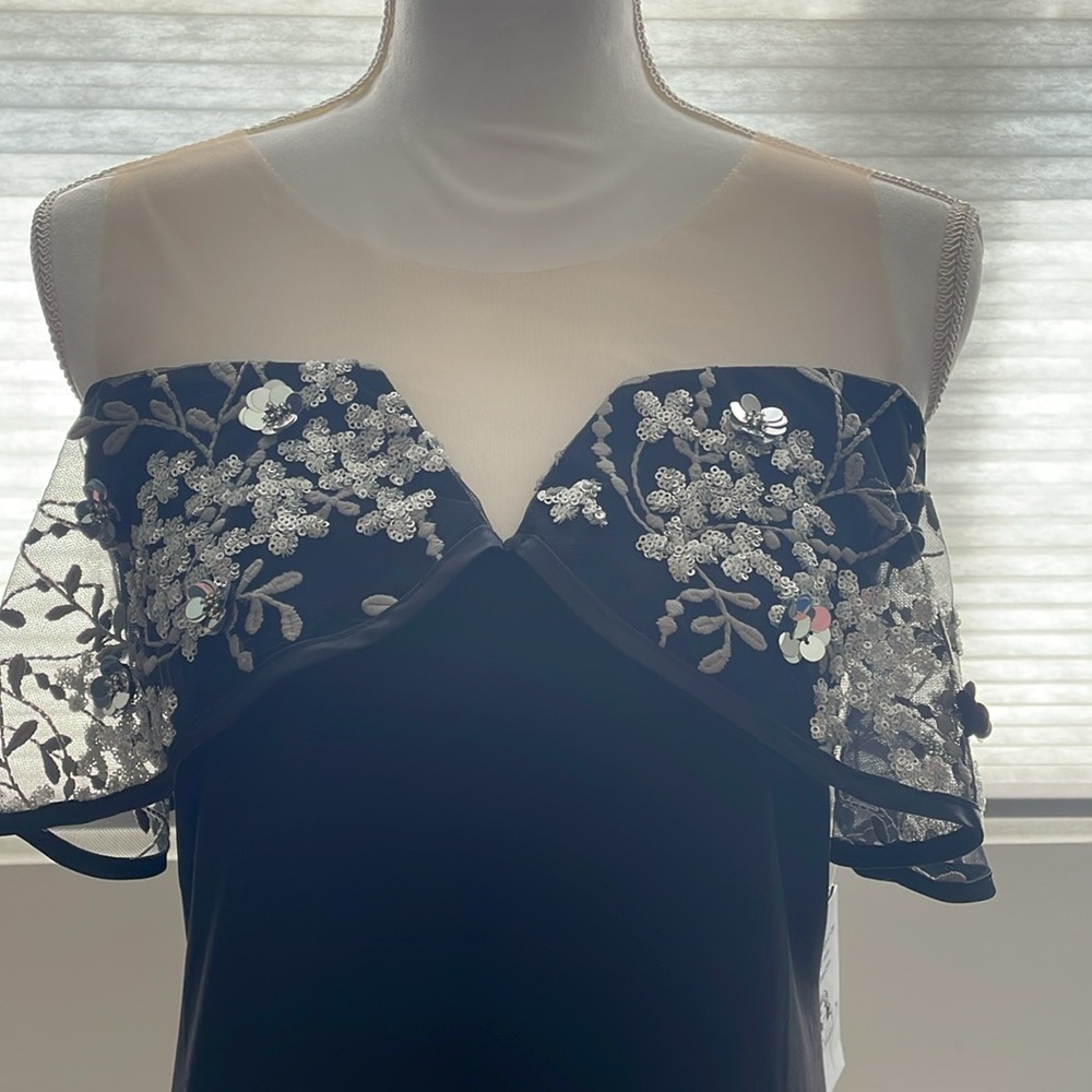 NWT - MSK Black illusion off shoulder evening dress. Size: medium. - Picture 2 of 8